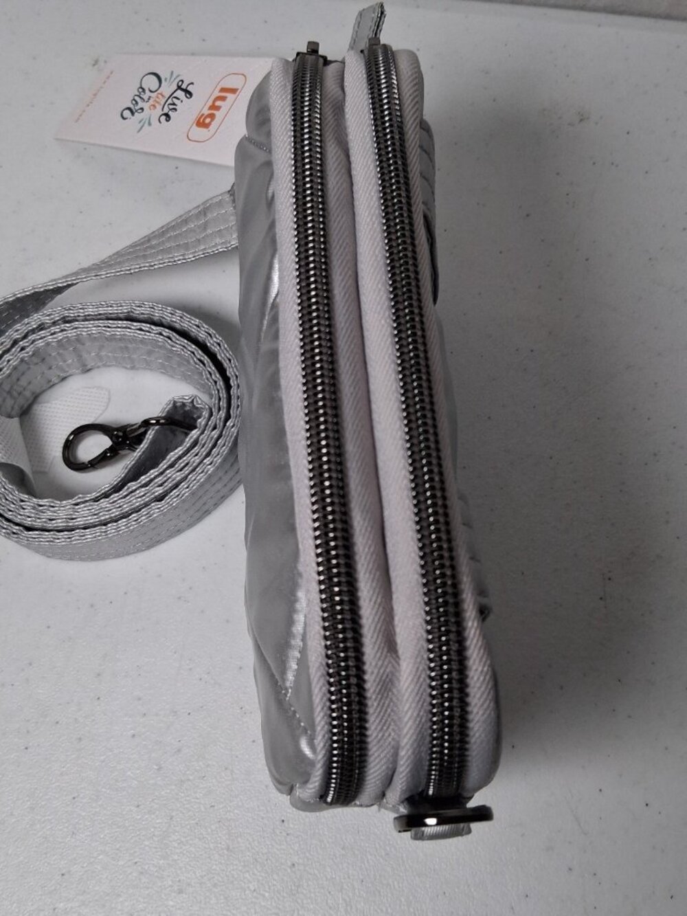 LUG Purse Coupe SE Quiled Metallic Silver Small Crossbody Bag Zipper 7" - Picture 3 of 16